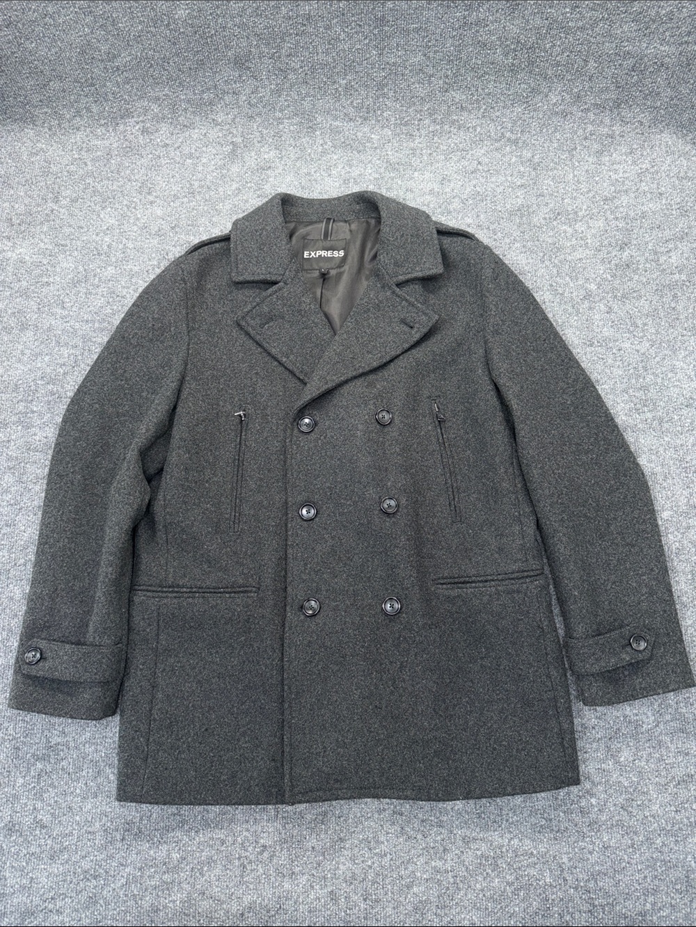 Express Men's Charcoal Gray Wool-Blend Double-Breasted Peacoat
